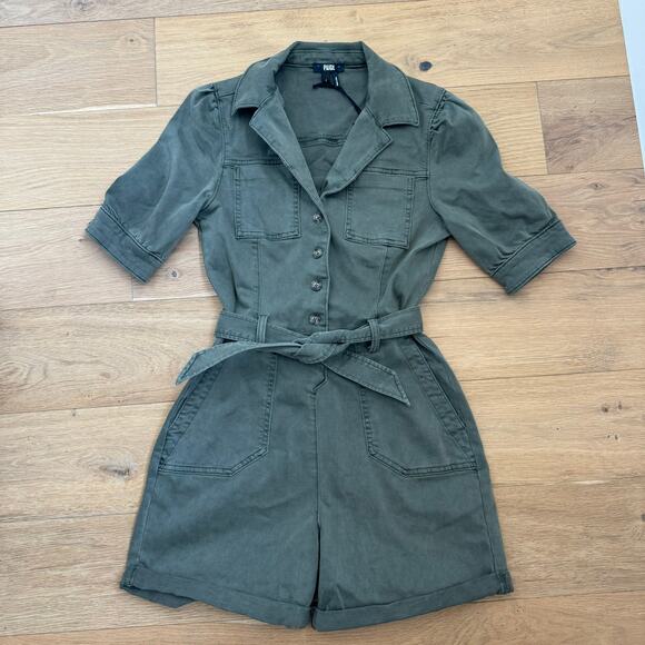 PAIGE Mayslie Twill Puff Sleeve Denim Romper Olive Green Utility NEW Size 4 - Picture 11 of 15